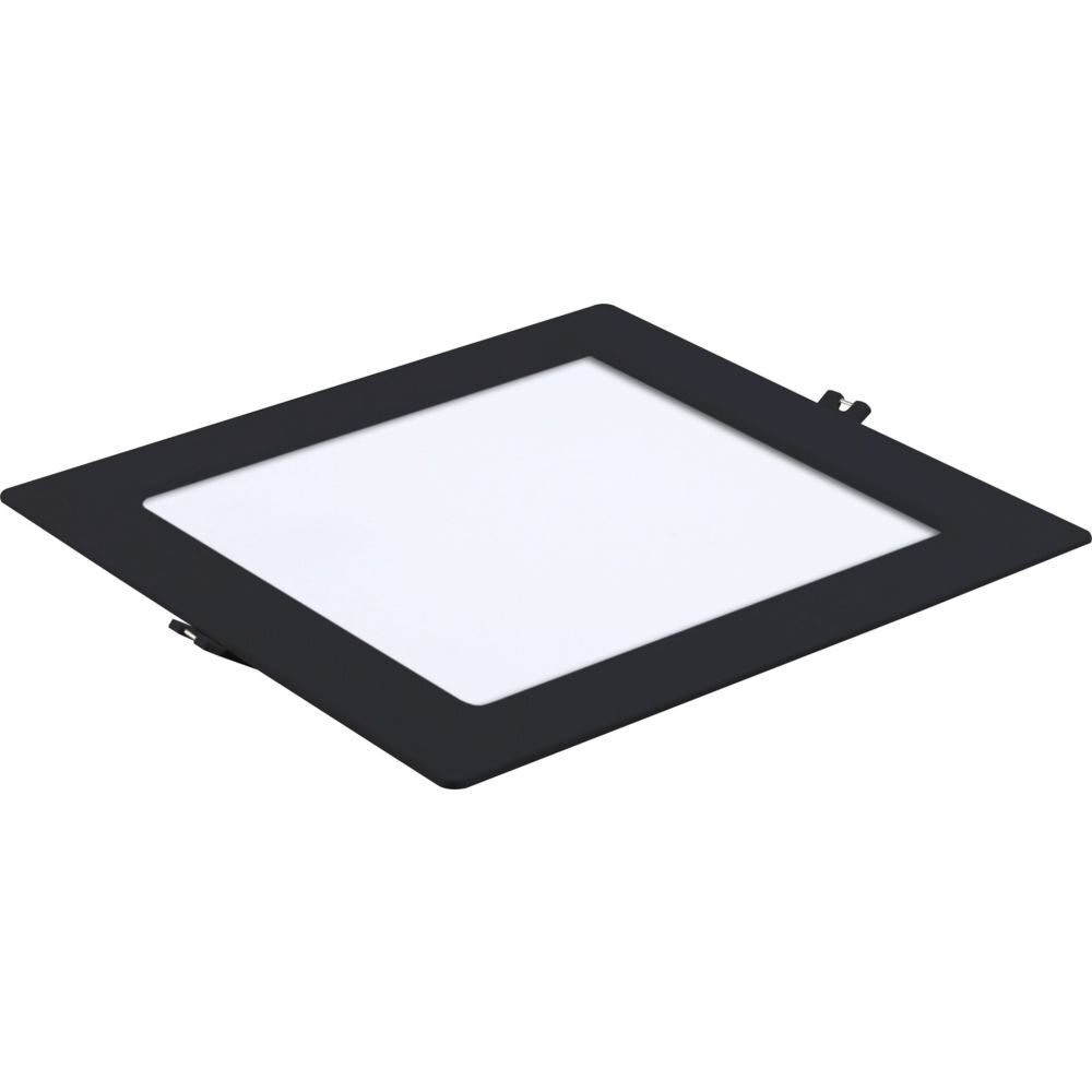 Czarna, kwadratowa oprawa podtynkowa LED z białym panelem świetlnym. Produkt ma prosty, nowoczesny design.