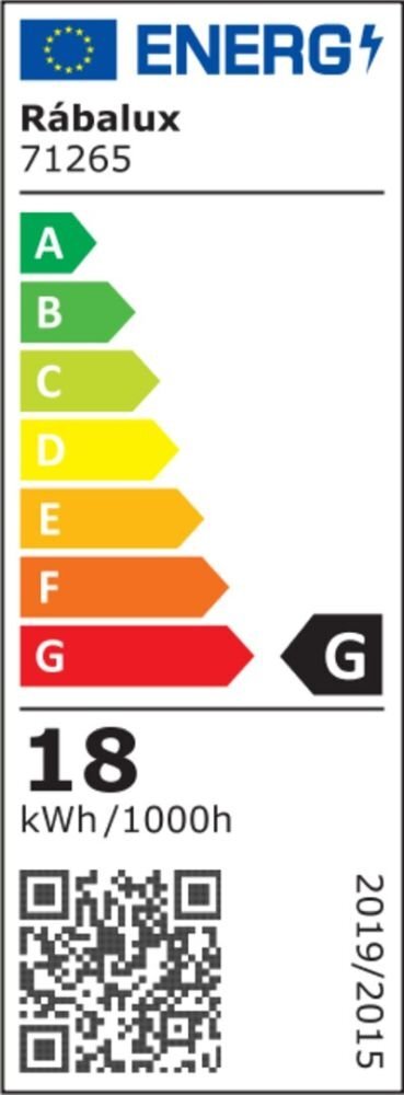 Etykieta energetyczna z logo UE, nazwą \'Rábalux 71265\', klasą energetyczną G oraz zużyciem 18 kWh/1000h. Widoczny jest kolorowy wskaźnik efektywności energetycznej od A do G i kod QR.