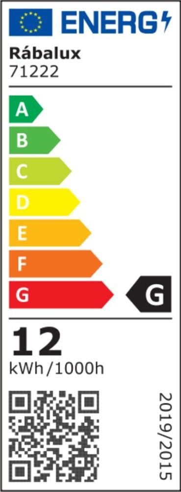 Etykieta energetyczna z logo UE i napisem \'Rábalux 71222\'. Klasa energetyczna G, zużycie 12 kWh/1000h, kod QR na dole.