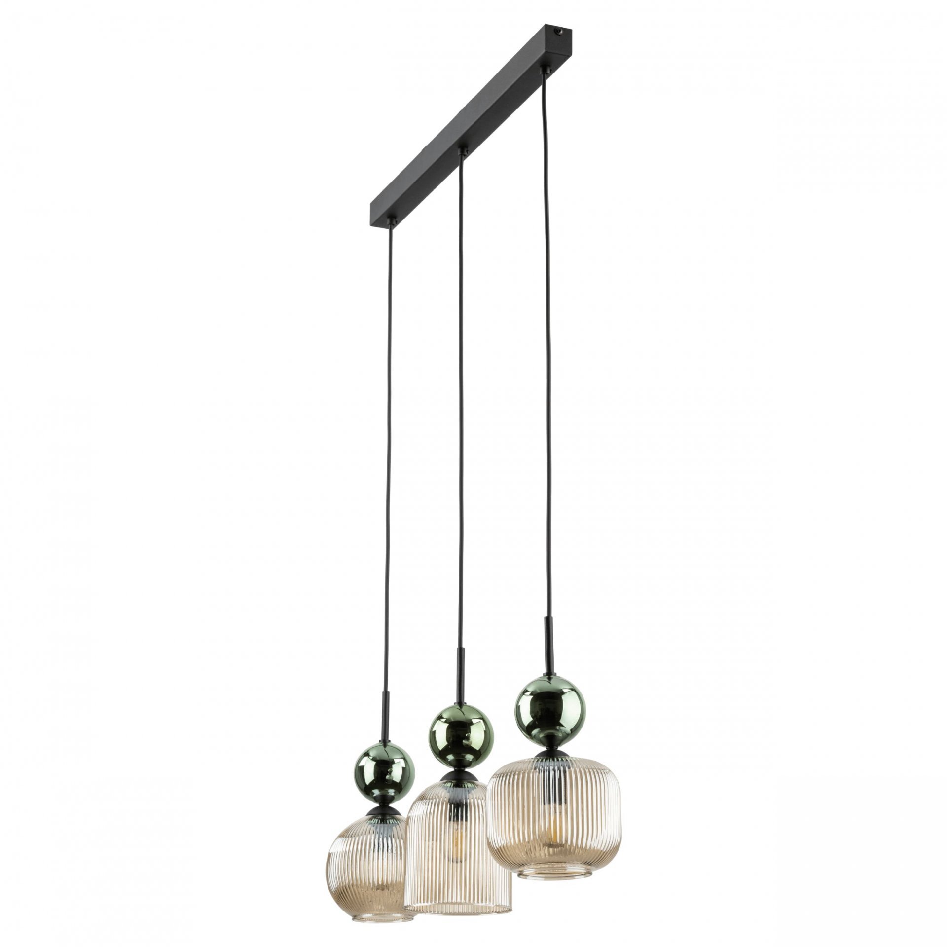 Lampa wisząca z trzema szklanymi kloszami w odcieniach zieleni i koniaku, zawieszona na czarnym prostokątnym uchwycie. Każdy klosz ma żarówkę typu E14 i jest zawieszony na czarnym kablu.