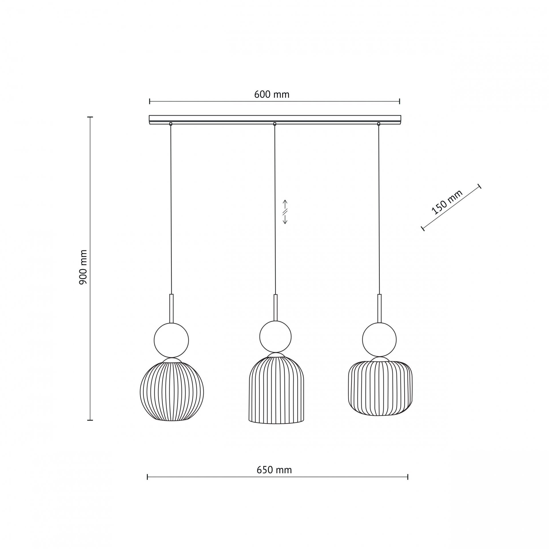 Schemat lampy wiszącej z trzema kloszami o wymiarach: wysokość 900 mm, szerokość 650 mm, długość listwy 600 mm, średnica klosza 150 mm. Klosze mają kształt kulisty z pionowymi żebrami.