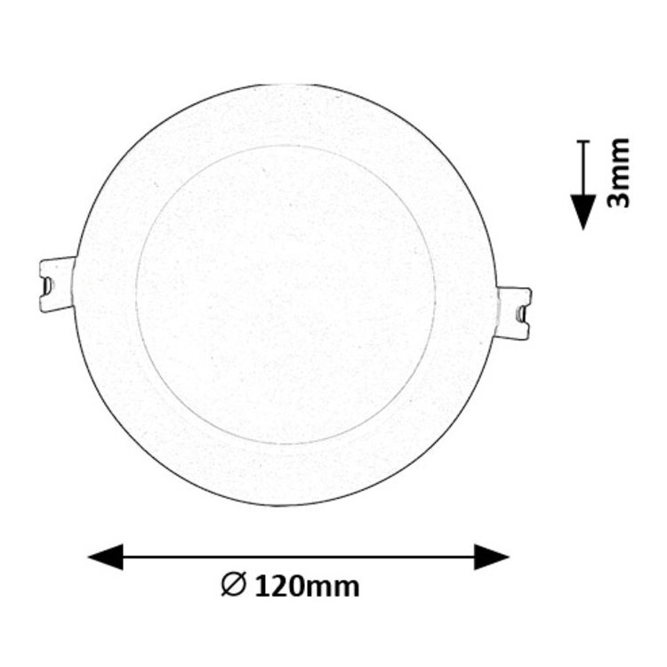 Schematyczny rysunek okrągłej oprawy podtynkowej z wymiarami: średnica 120 mm i grubość 3 mm.