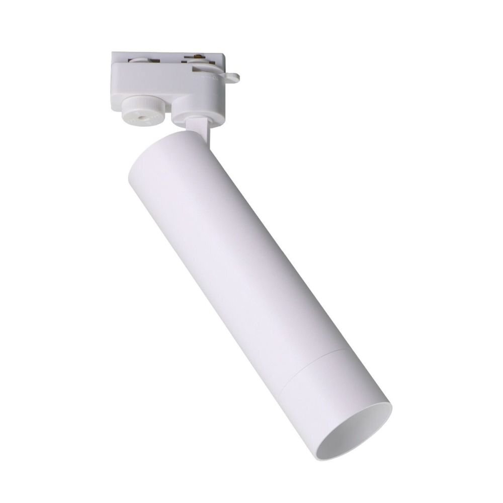 Biała lampa szynowa o cylindrycznym kształcie z widocznym mechanizmem montażowym na górze.