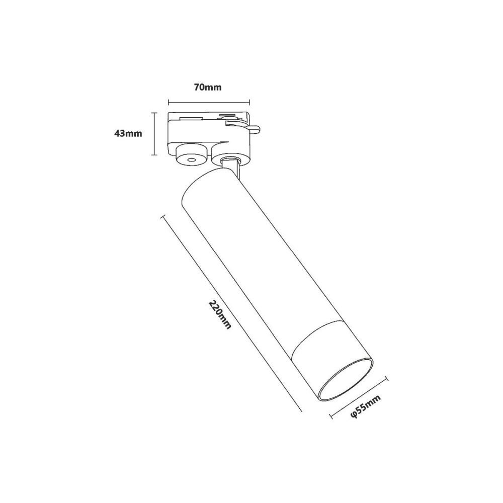 Schematyczny rysunek lampy szynowej z wymiarami: 70mm szerokości, 43mm wysokości, 220mm długości i średnicą 55mm.