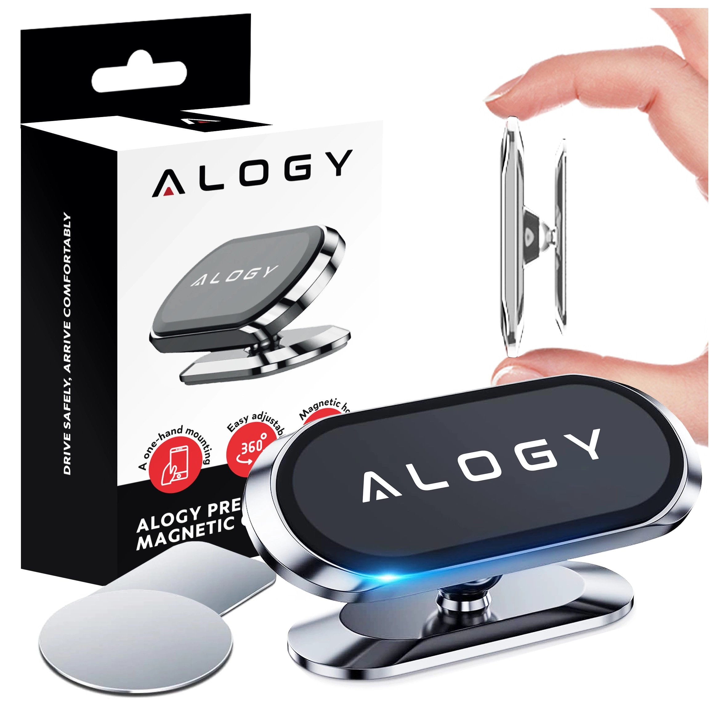 Obraz przedstawia uchwyt magnetyczny samochodowy do telefonu z logo \'ALOGY\' na opakowaniu i produkcie. Uchwyt jest srebrny, a obok znajduje się ręka trzymająca element uchwytu.