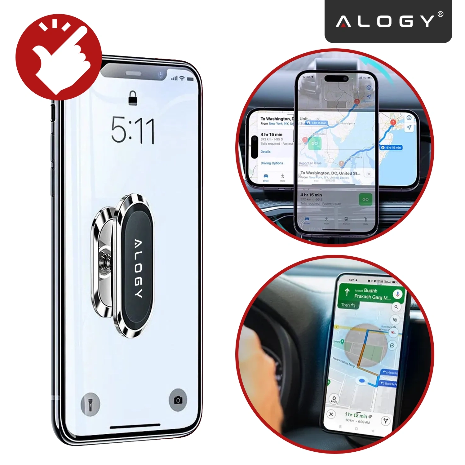 Obraz przedstawia telefon zamocowany na magnetycznym uchwycie samochodowym z logo \'ALOGY\'. W tle widoczne są mapy na ekranie telefonu oraz logo \'ALOGY\' w prawym górnym rogu.
