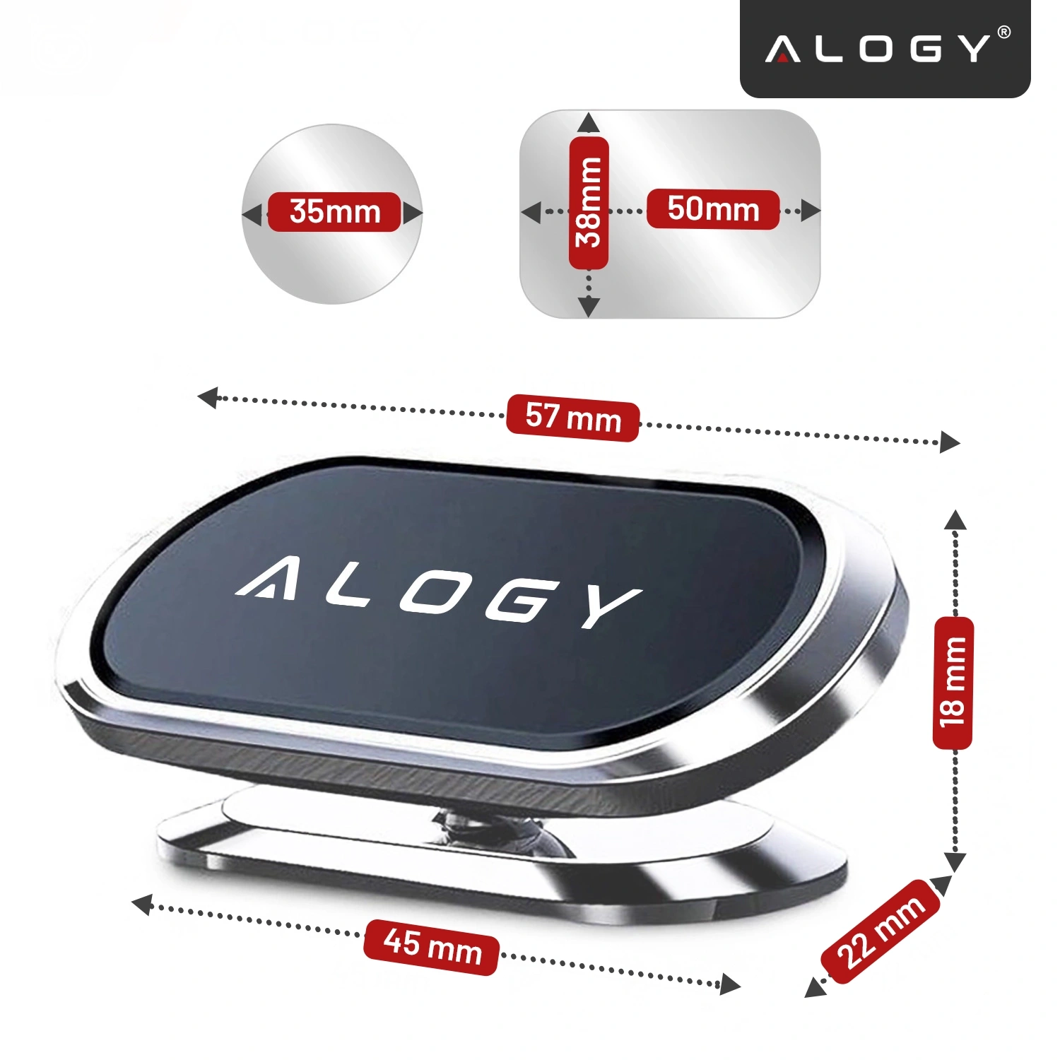 Obraz przedstawia uchwyt magnetyczny samochodowy do telefonu z logo \'ALOGY\'. Widoczne są wymiary: 57 mm, 45 mm, 22 mm, 18 mm, 35 mm, 50 mm i 38 mm.