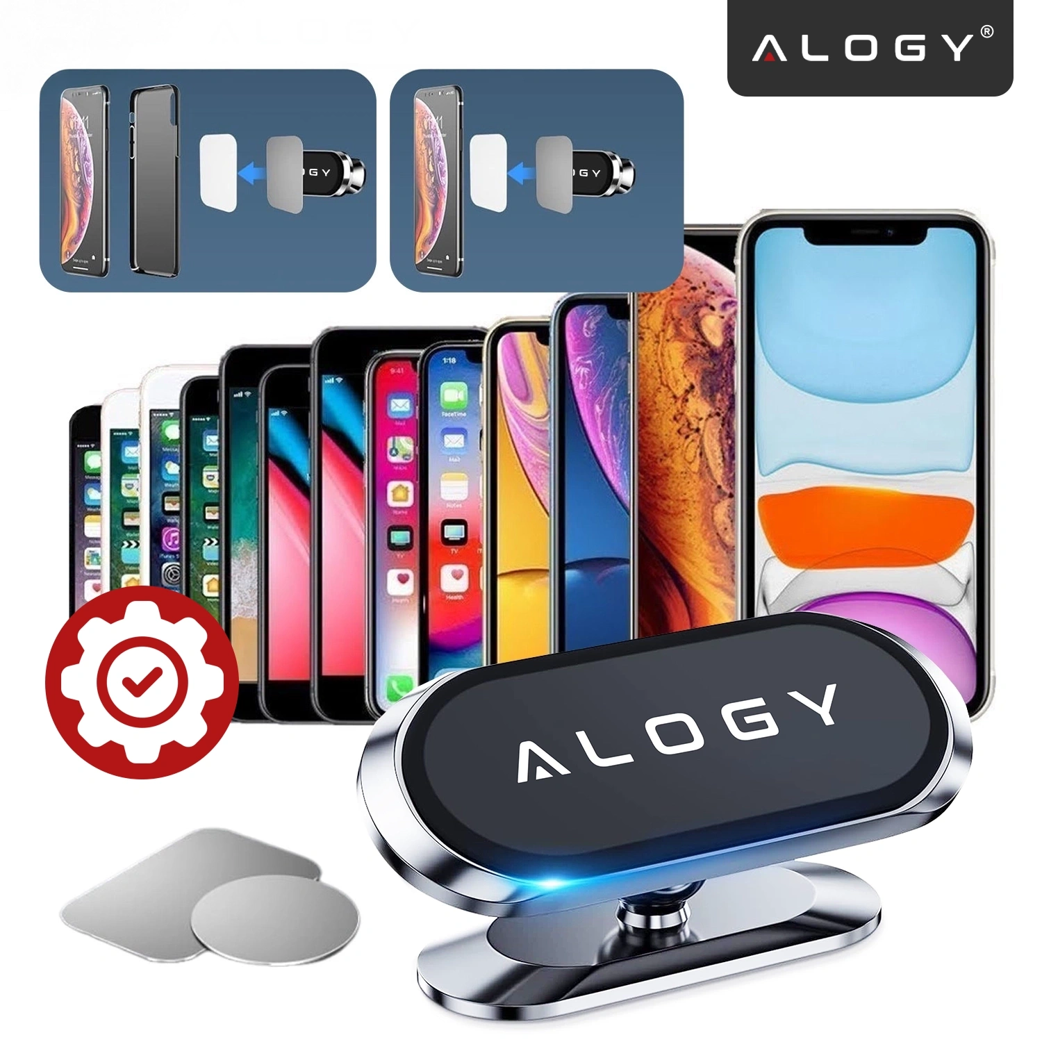 Obraz przedstawia uchwyt magnetyczny samochodowy do telefonu z logo \'ALOGY\' na czarnym tle. W tle widoczne są różne modele telefonów oraz schemat montażu uchwytu.