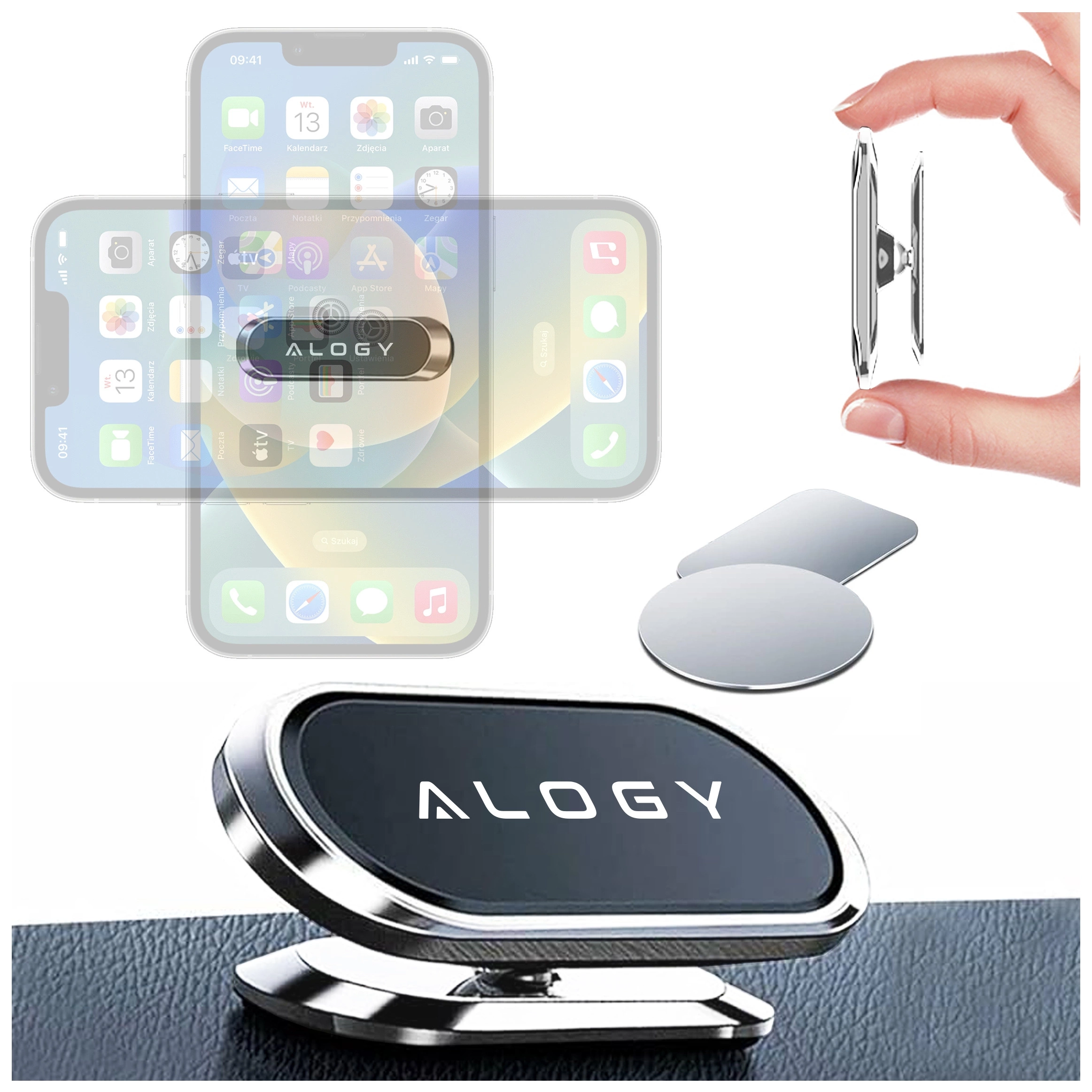 Obraz przedstawia uchwyt magnetyczny samochodowy do telefonu z logo \'ALOGY\'. Uchwyt jest srebrny, a obok niego widoczne są metalowe płytki montażowe.