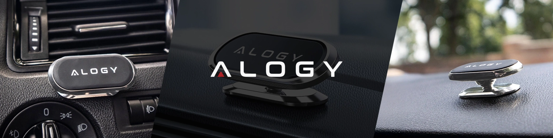 Obraz przedstawia uchwyt magnetyczny samochodowy do telefonu z logo \'ALOGY\', zamontowany na desce rozdzielczej. Uchwyt jest srebrny i ma elegancki, nowoczesny design.