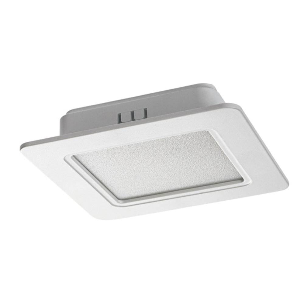 Kwadratowa, biała oprawa podtynkowa LED z matowym wykończeniem. Produkt ma prosty, nowoczesny design.