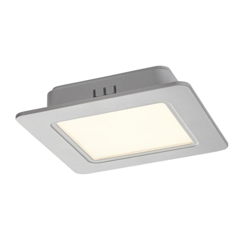 Kwadratowa oprawa podtynkowa LED w kolorze białym z widocznym źródłem światła. Produkt ma prosty, nowoczesny design.