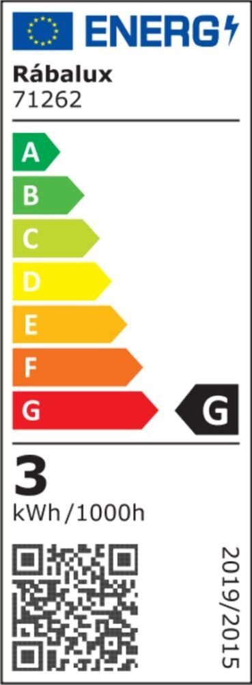 Etykieta energetyczna z logo UE i napisem \'Rábalux 79045\'. Klasa energetyczna G, zużycie energii 6 kWh/1000h, kod QR na dole.