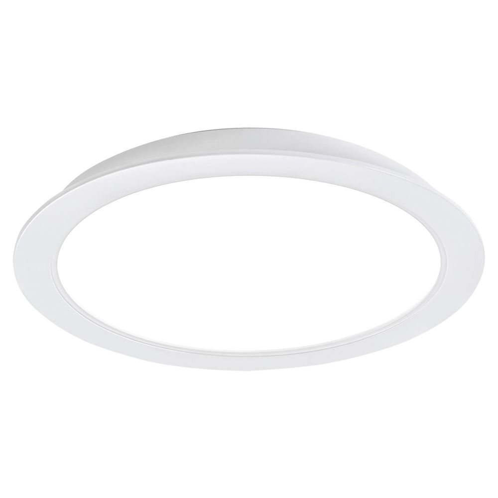 Biała, okrągła oprawa podtynkowa LED o gładkiej powierzchni. Produkt ma prosty, minimalistyczny design.