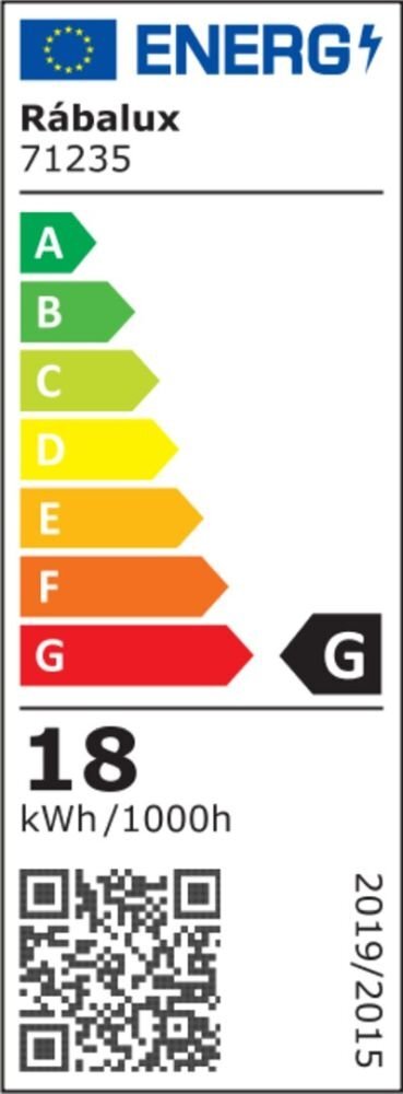 Etykieta energetyczna z logo UE i napisem \'Rábalux 77102\', pokazująca klasę energetyczną G. Zużycie energii wynosi 14 kWh/1000h, a na dole znajduje się kod QR i oznaczenie 2019/2015.