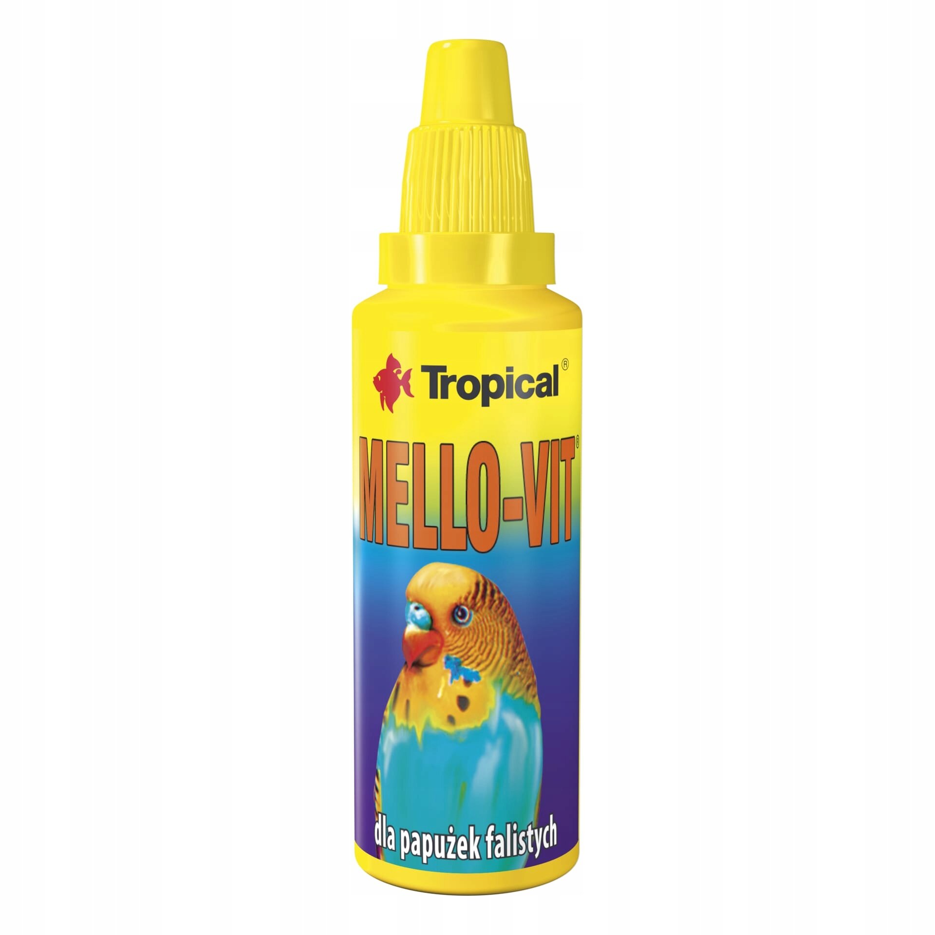 Żółta butelka z nakrętką, na której widnieje logo \'Tropical\' oraz napis \'MELLO-VIT\'. Na etykiecie znajduje się obrazek papużki falistej i napis \'dla papużek falistych\'.