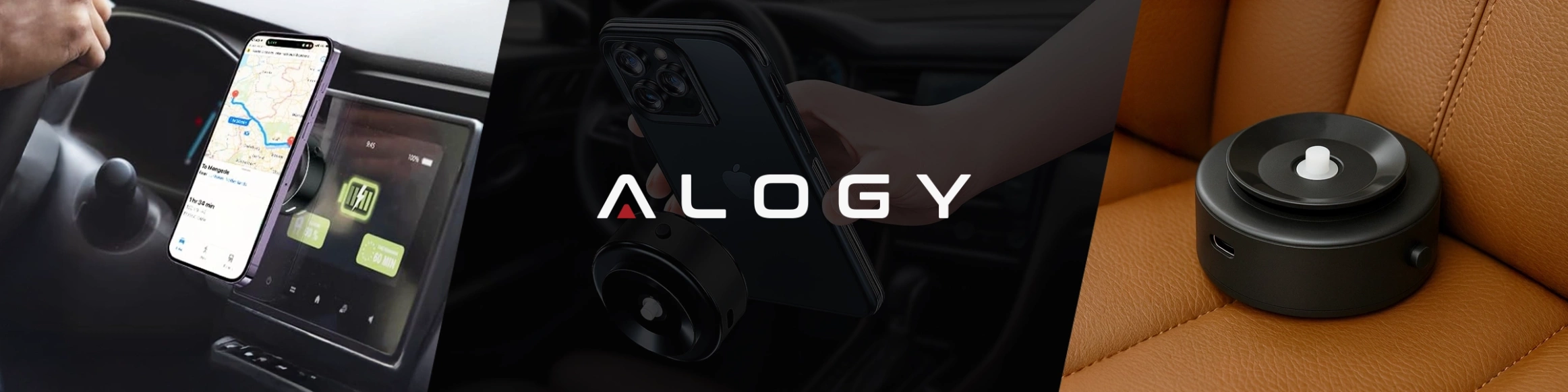 Obraz przedstawia trzy sceny: po lewej telefon zamocowany na uchwycie w samochodzie z widoczną mapą, pośrodku logo \'ALOGY\', a po prawej czarny, okrągły przedmiot na brązowym siedzeniu.