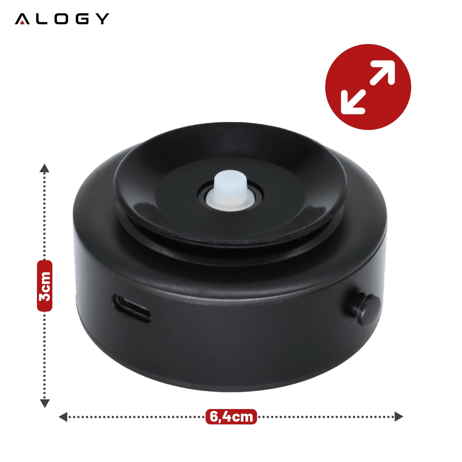 Czarny, okrągły uchwyt magnetyczny z logo \'ALOGY\' na górze, o wymiarach 3 cm wysokości i 6,4 cm średnicy. Widoczny jest port oraz przycisk na boku urządzenia.