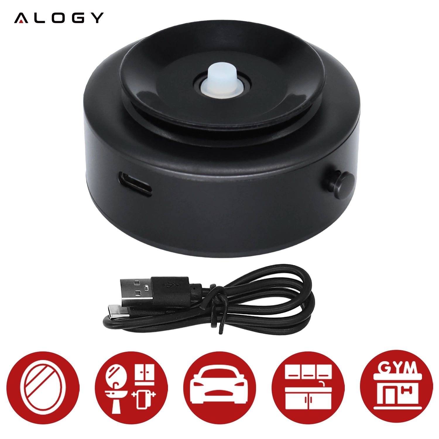 Czarny, okrągły uchwyt magnetyczny z logo \'ALOGY\' oraz portem USB, obok czarny kabel USB. Na dole pięć czerwonych ikon przedstawiających różne zastosowania produktu.