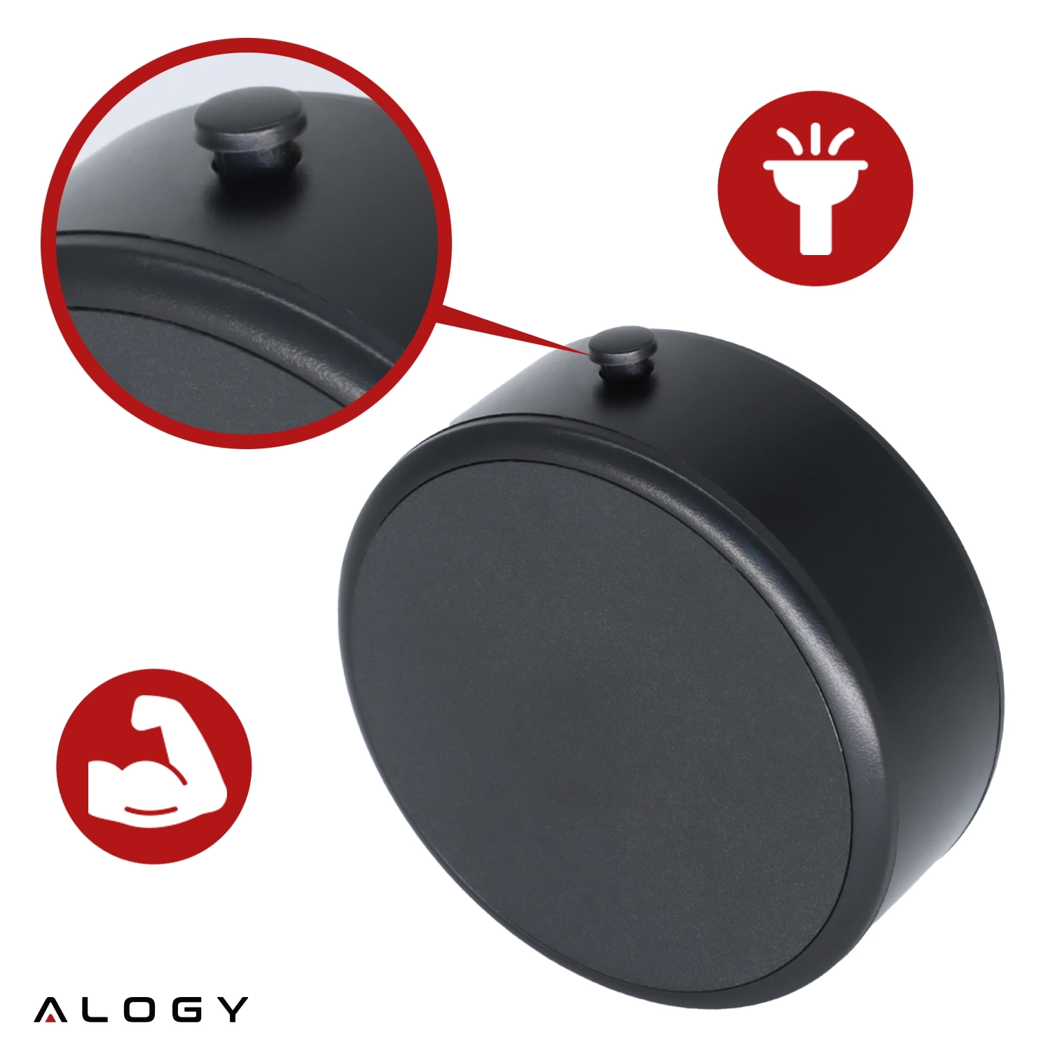 Czarny, okrągły uchwyt magnetyczny z przyssawką próżniową, zbliżenie na przycisk. Logo \'ALOGY\' widoczne w lewym dolnym rogu.