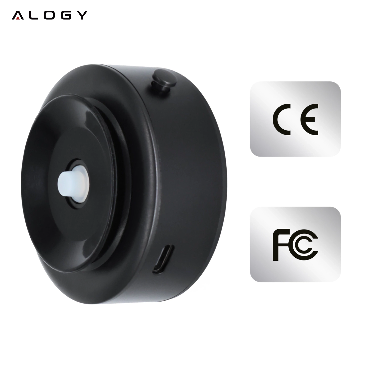 Czarny, okrągły uchwyt magnetyczny z widocznym logo \'ALOGY\' oraz symbolami certyfikatów \'CE\' i \'FCC\'.