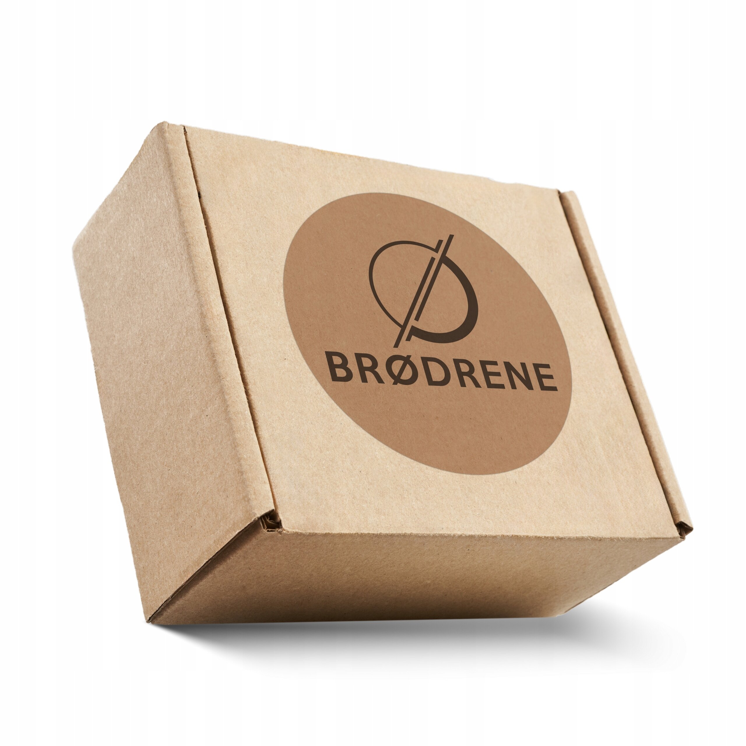 Kartonowe pudełko z okrągłym logo \'BRØDRENE\' na wierzchu.