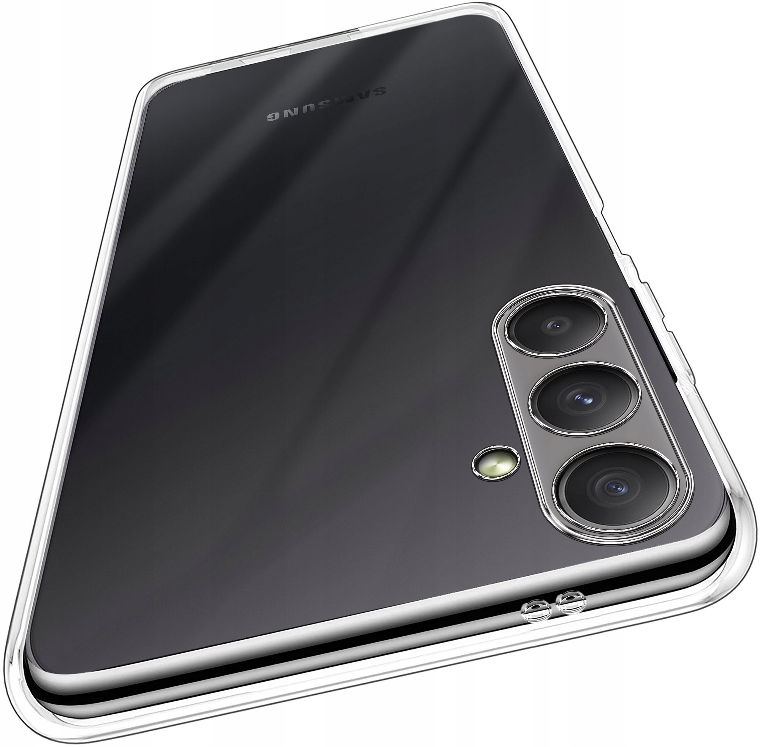 Na obrazie widoczny jest telefon w przezroczystym, silikonowym etui, z trzema obiektywami aparatu i napisem \'SAMSUNG\'.