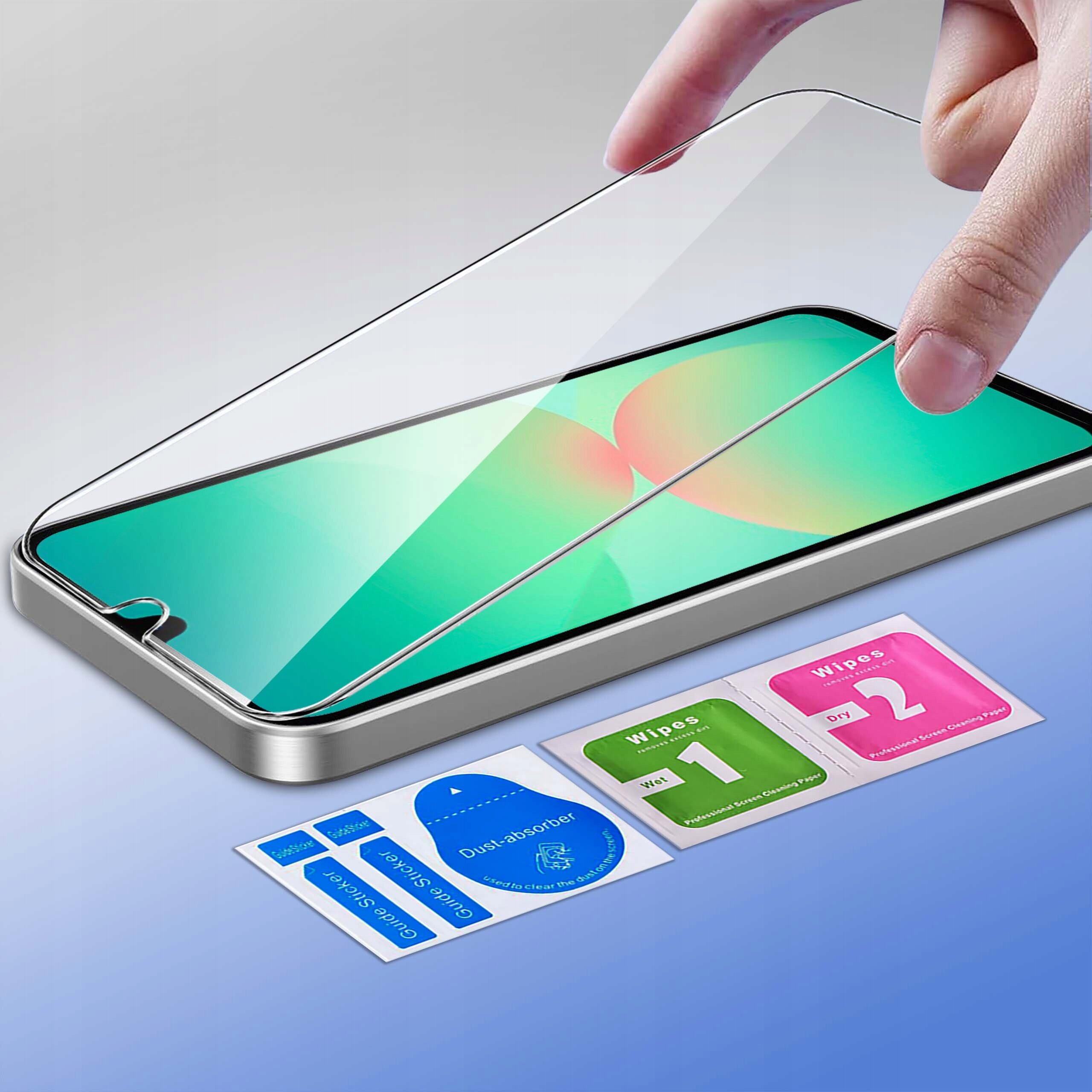 Na obrazie widać smartfon z nałożonym szkłem ochronnym, a obok znajdują się akcesoria do czyszczenia ekranu oznaczone jako \'Wipes 1\' i \'Wipes 2\'.