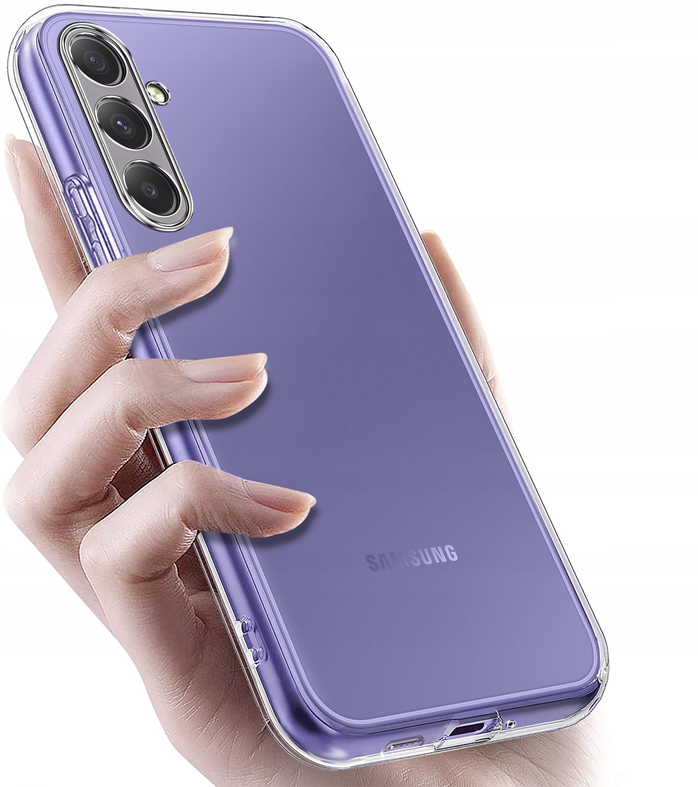 Osoba trzyma telefon w przezroczystym, wzmacnianym etui silikonowym, na którym widoczne jest logo \'SAMSUNG\'.