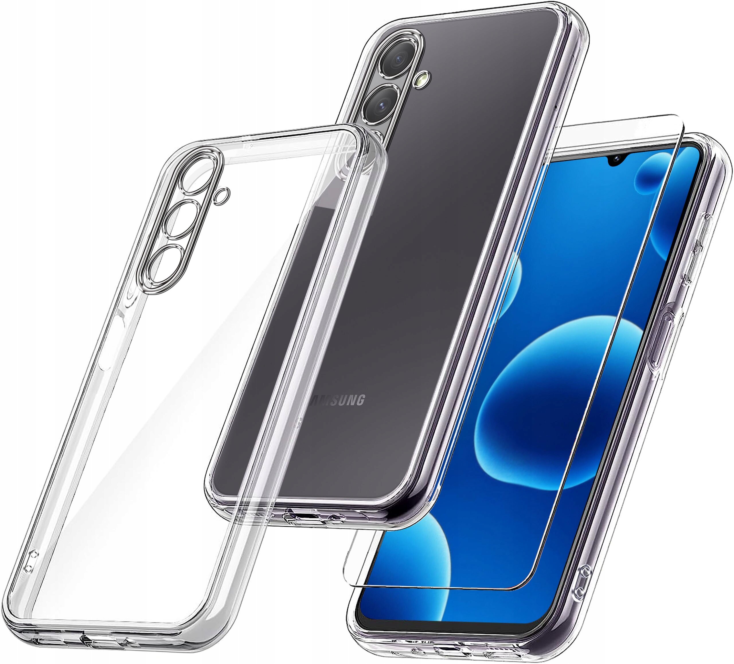 Obraz przedstawia przezroczyste, wzmacniane silikonowe etui oraz szkło ochronne na telefon Samsung. Etui i szkło są pokazane w sposób sugerujący ich dopasowanie do urządzenia.