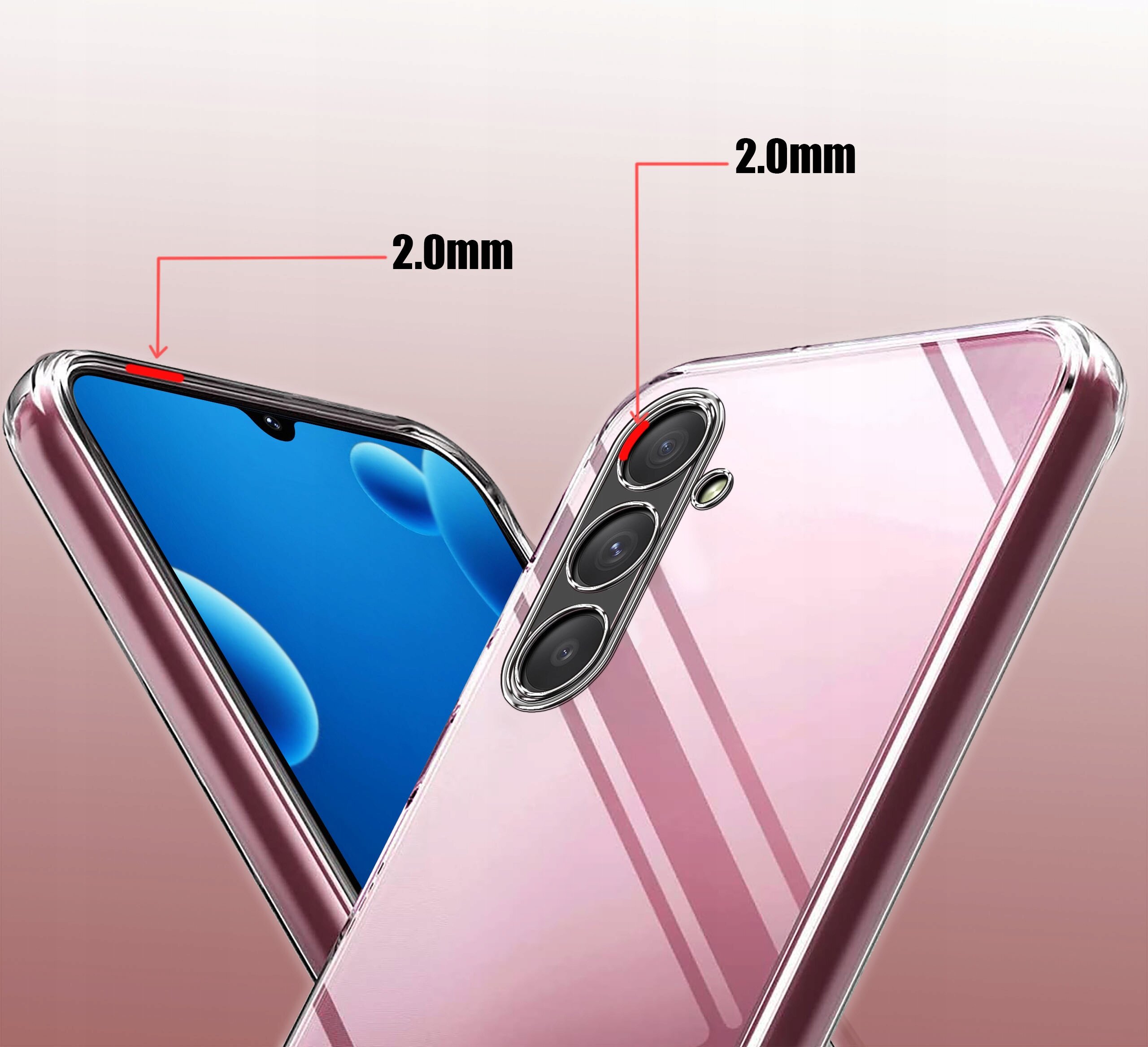 Obraz przedstawia dwa telefony w przezroczystych, wzmacnianych etui silikonowych. Na etui zaznaczono grubość 2.0 mm przy krawędziach ekranu i aparatu.