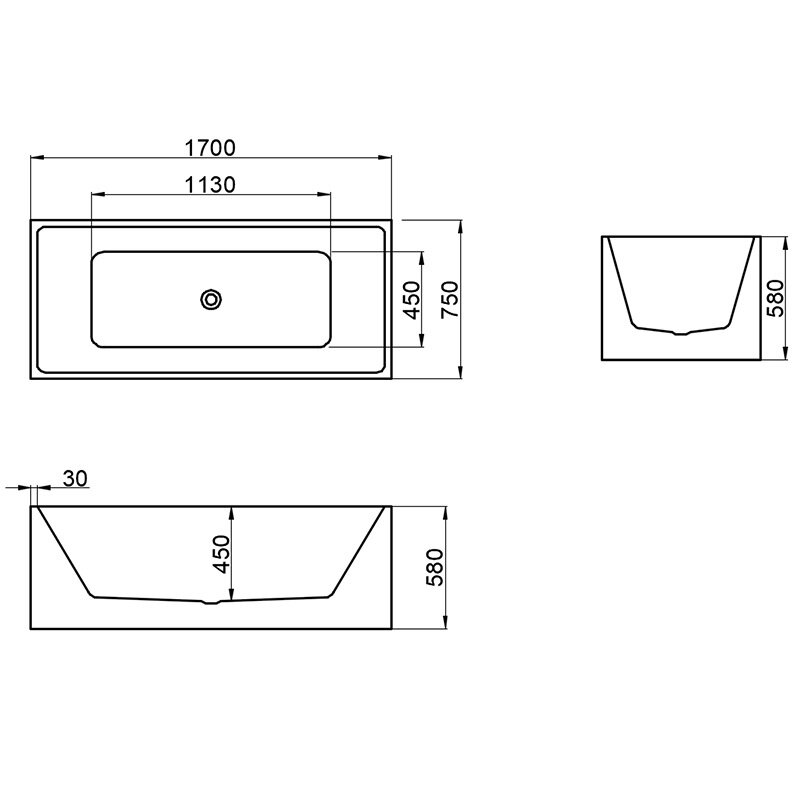 Rysunek techniczny przedstawia wymiary wanny prostokątnej: długość 1700 mm, szerokość 750 mm, wysokość 580 mm. Widoczne są przekroje boczne i górne z oznaczeniami wymiarów 1130 mm i 450 mm.