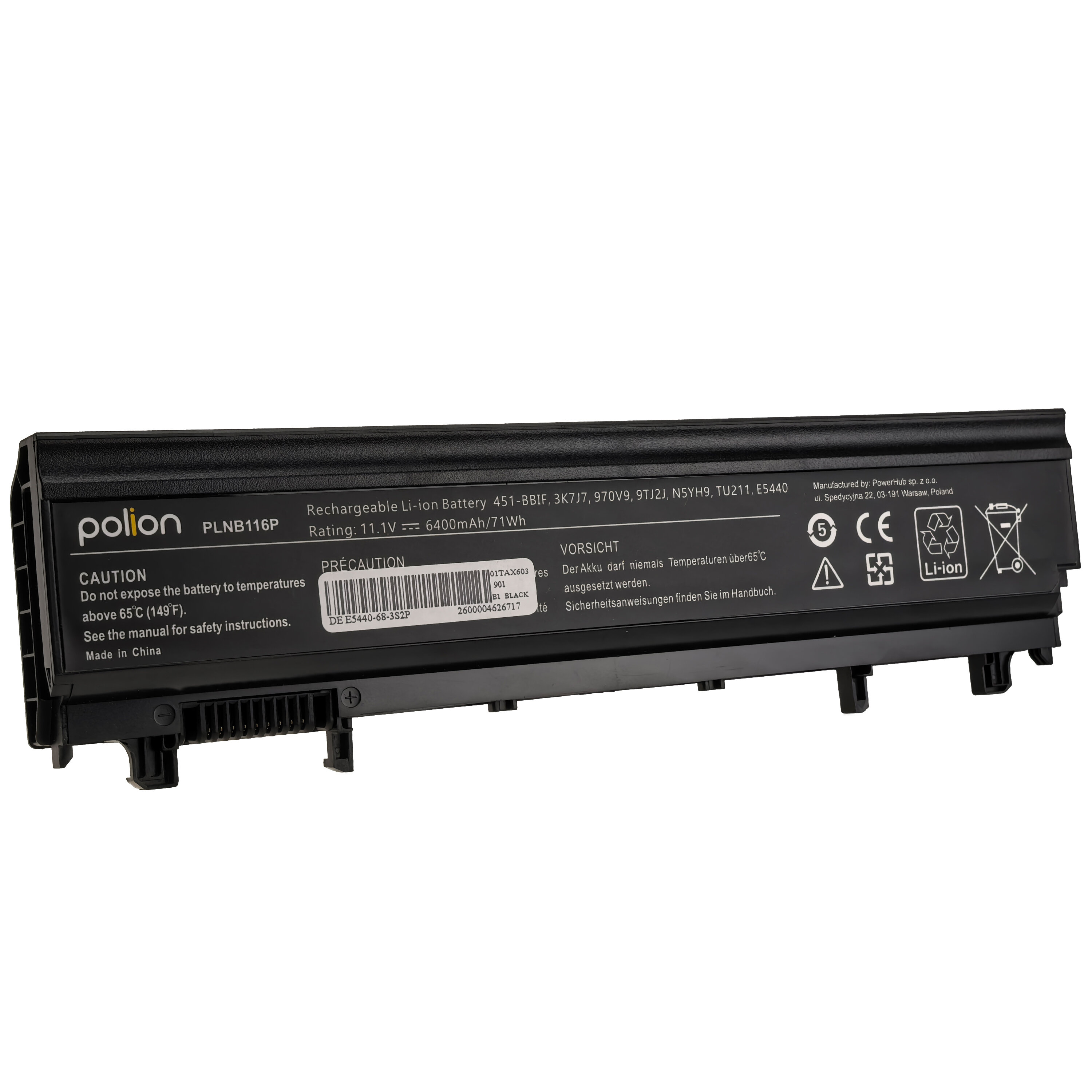 Czarna bateria litowo-jonowa z oznaczeniami \'polion\' i \'PLNB116P\', o pojemności 6400mAh/71Wh i napięciu 11.1V. Widoczne są ostrzeżenia dotyczące temperatury oraz symbole certyfikacyjne.