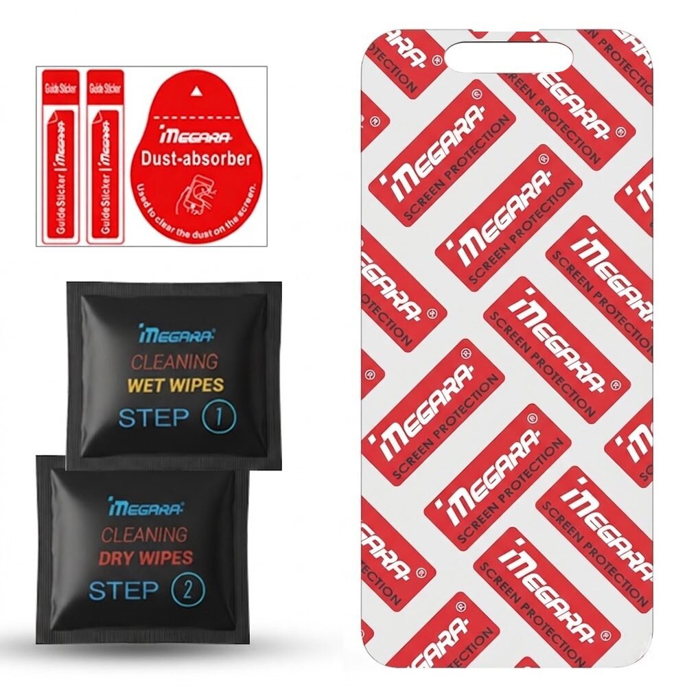 Na obrazie widoczne są akcesoria do montażu szkła ochronnego, w tym naklejki \'Guide Sticker\', \'Dust-absorber\' oraz dwie saszetki z chusteczkami czyszczącymi oznaczone jako \'STEP 1\' i \'STEP 2\'. Obok znajduje się prostokątny element z logo \'MEGARA® SCREEN PROTECTION\'.