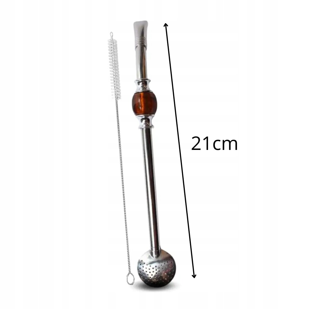 Na obrazie widoczna jest metalowa bombilla z brązowym elementem ozdobnym oraz szczoteczka do czyszczenia. Obok bombilli znajduje się strzałka z napisem \'21cm\'.