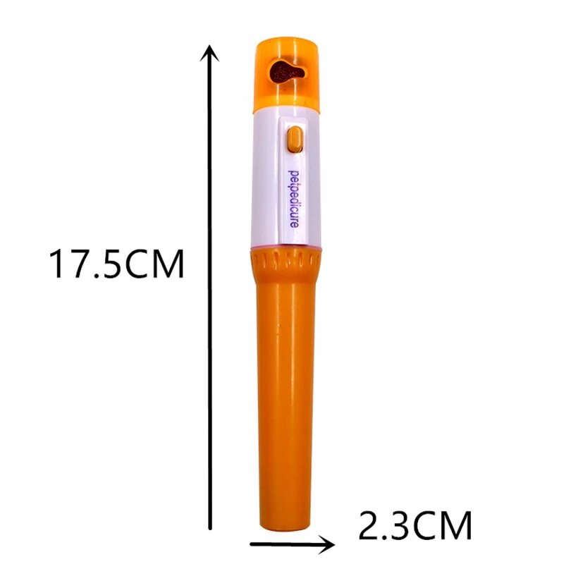 Elektryczny pilnik do pazurów dla zwierząt w kolorze pomarańczowo-białym z napisem \'peticure\'. Obok produktu widoczne są wymiary: 17.5CM i 2.3CM.