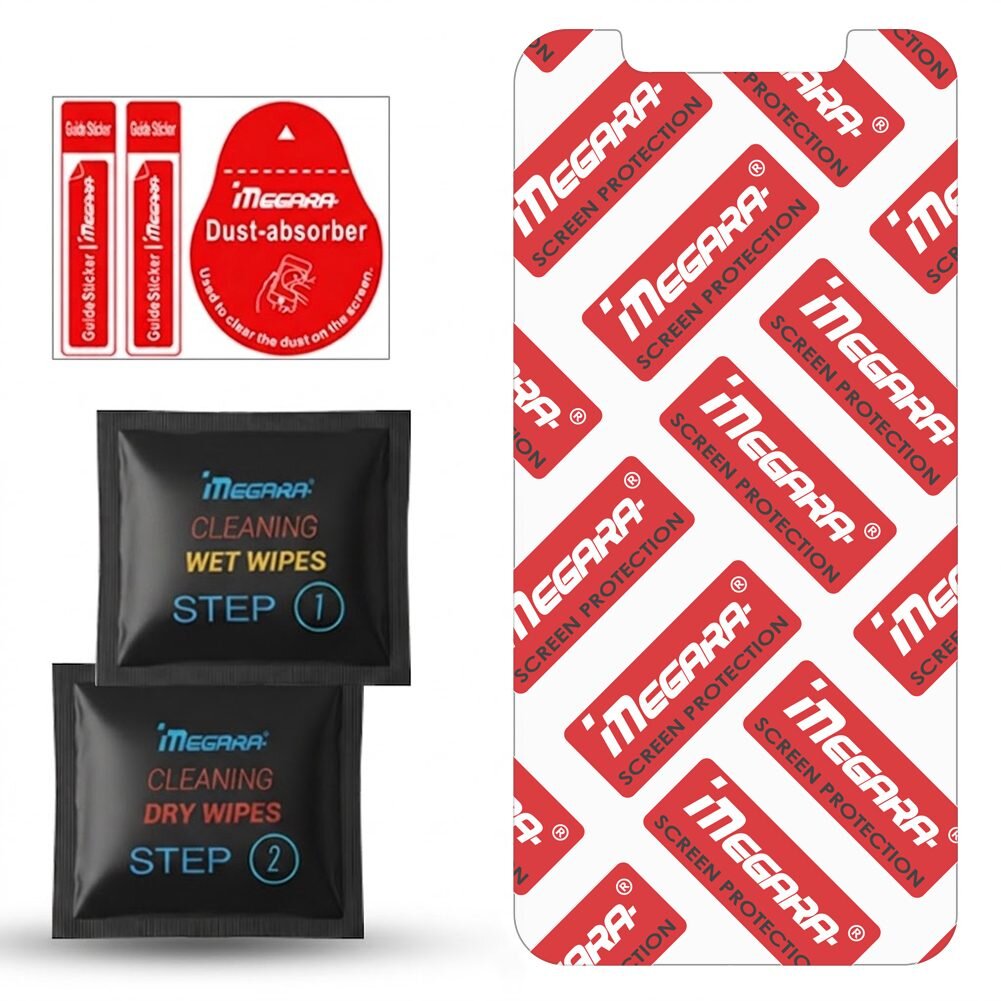 Na obrazie widoczne są elementy zestawu do ochrony ekranu: naklejki \'Guide Sticker\', \'Dust-absorber\', ściereczki \'Cleaning Wet Wipes\' i \'Cleaning Dry Wipes\', oraz matowa szybka ochronna z logo \'MEGARA Screen Protection\'.