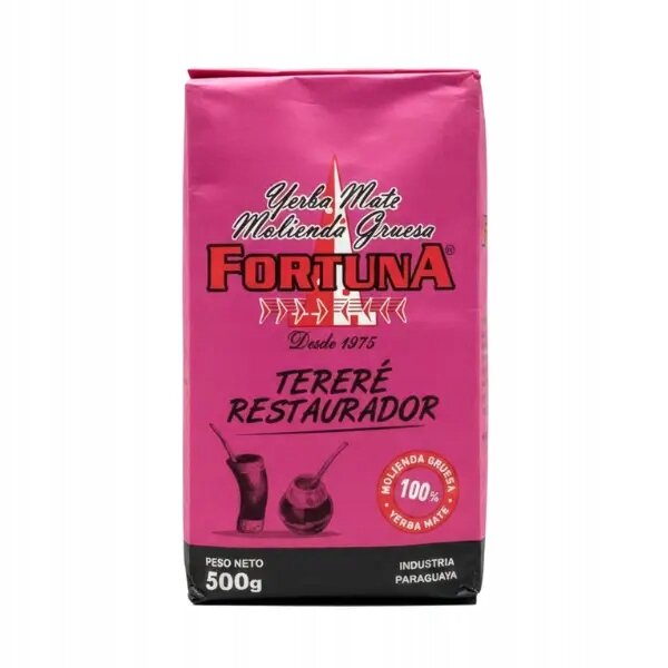 Opakowanie yerba mate w kolorze różowym z napisem \'Yerba Mate Molienda Gruesa FORTUNA Desde 1975 TERERÉ RESTAURADOR\'. Na dole widnieje informacja \'PESO NETO 500g INDUSTRIA PARAGUAYA\'.
