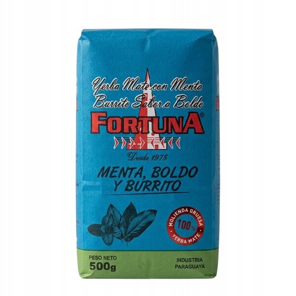 Opakowanie Yerba Mate Fortuna Compuesta Menta Boldo Burrito 500g z Paragwaju, w kolorze niebieskim z zielonym paskiem na dole. Na opakowaniu widnieje tekst: \'Yerba Mate con Menta Burrito Sabor a Boldo FORTUNA Desde 1975 MENTA, BOLDO Y BURRITO\', oraz \'PESO NETO 500g INDUSTRIA PARAGUAYA\'.