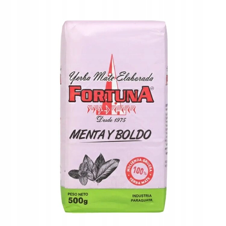 Opakowanie Yerba Mate Fortuna Menta y Boldo 500g z widocznym logo Fortuna i grafiką liści. Na opakowaniu znajduje się tekst: \'Yerba Mate Elaborada\', \'Desde 1975\', \'Molienda Gruesa 100% Yerba Mate\', \'Peso Neto 500g\', \'Industria Paraguaya\'.