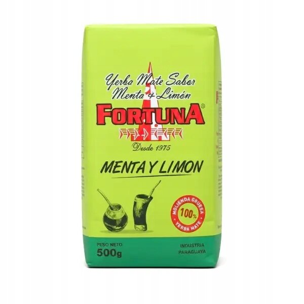 Opakowanie Yerba Mate Fortuna Menta y Limon o wadze 500g, z widocznym logo Fortuna i grafiką przedstawiającą naczynia do yerba mate. Na opakowaniu znajduje się tekst: \'Yerba Mate Sabor Menta y Limon\', \'Desde 1975\', \'Molienda Gruesa\', \'100% Yerba Mate\', \'Peso Neto 500g\', \'Industria Paraguaya\'.