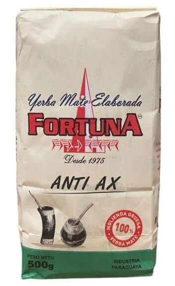 Opakowanie Yerba Mate Fortuna Anti Ax 500g z napisem \'Yerba Mate Elaborada FORTUNA Desde 1975 ANTI AX\'. Na dole widnieje napis \'Peso Neto 500g Industria Paraguaya\'.
