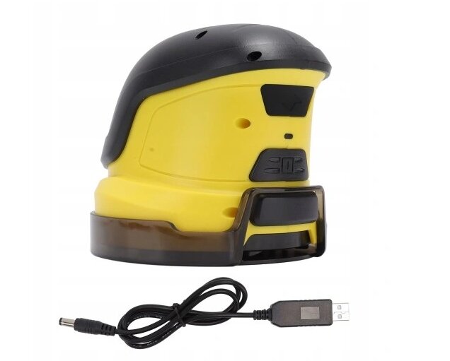 Na obrazie widoczna jest żółto-czarna bezprzewodowa elektryczna skrobaczka do szyb z kablem USB. Skrobaczka ma ergonomiczny kształt i kilka przycisków na obudowie.