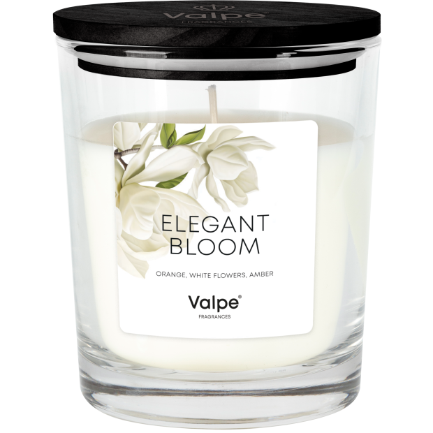 Świeca zapachowa w szklanym pojemniku z czarnym wieczkiem, na etykiecie napis \'ELEGANT BLOOM\' oraz \'ORANGE, WHITE FLOWERS, AMBER\'. Widoczne są białe kwiaty i logo \'Valpe\'.