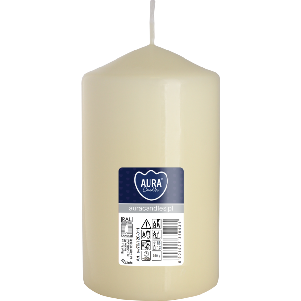 Świeca walec w kolorze ecru z etykietą zawierającą logo \'AURA candles\' oraz informacje o produkcie, takie jak czas palenia 50H i wysokość 12 cm.