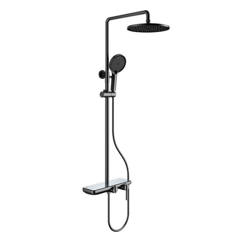 Na obrazie widoczna jest szara bateria prysznicowa z deszczownicą i słuchawką prysznicową. Produkt ma nowoczesny design z prostymi liniami i metalicznym wykończeniem.