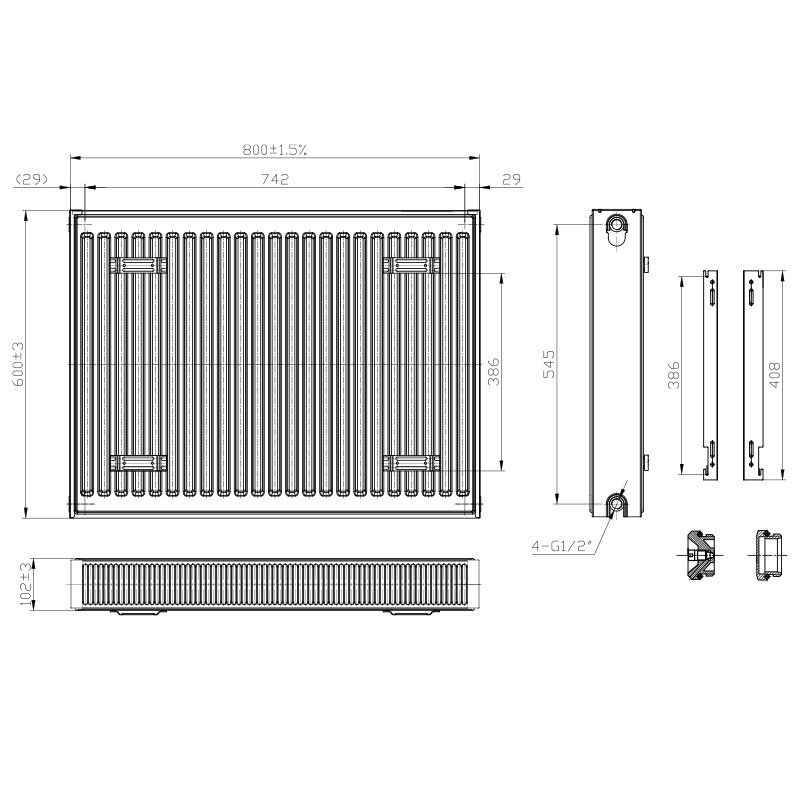 Rysunek techniczny przedstawiający grzejnik płytowy z wymiarami: 800±1.5 mm szerokości, 600±3 mm wysokości i 100±3 mm głębokości. Widoczne są również szczegóły montażowe i przekroje elementów grzejnika.