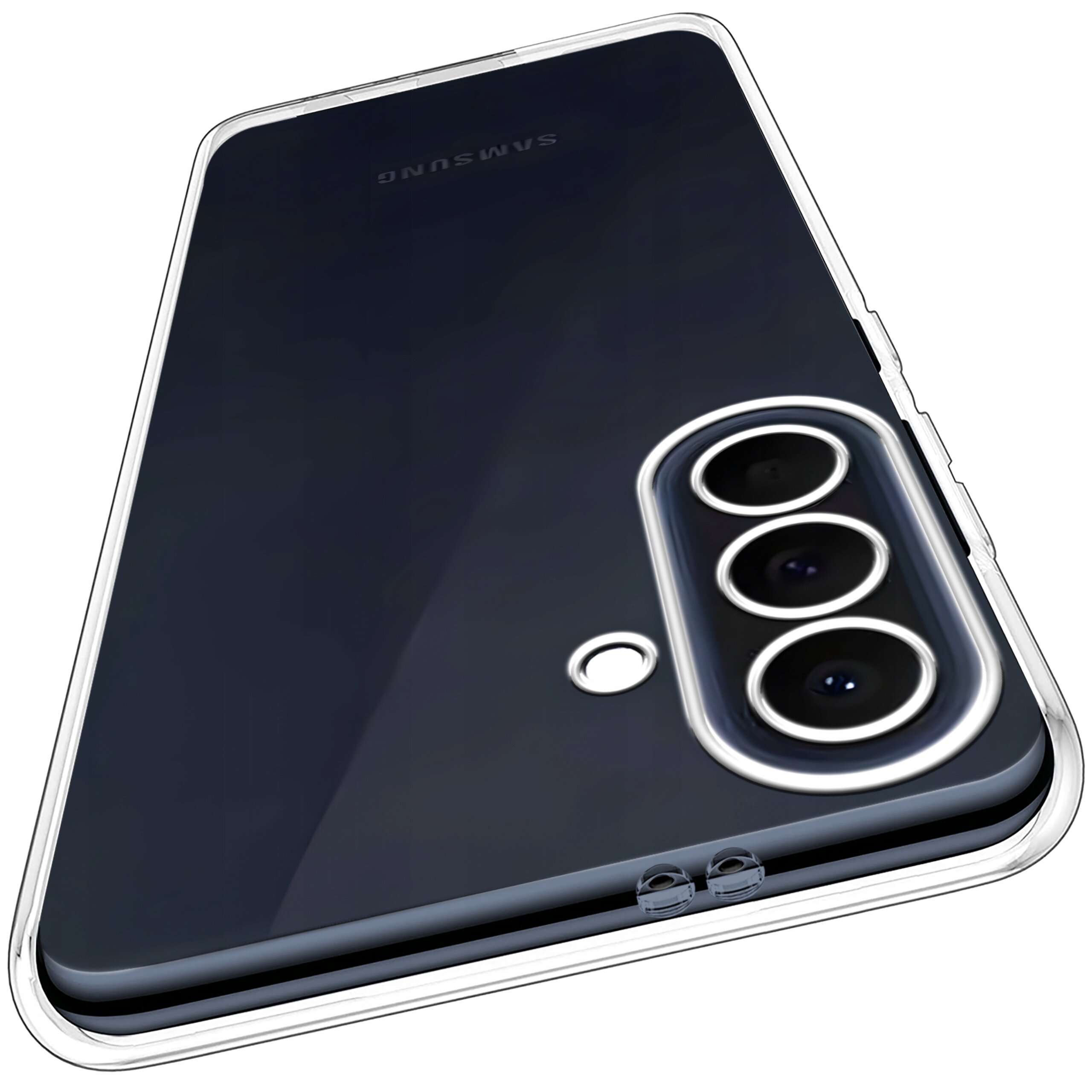 Na obrazie widoczny jest telefon w przezroczystym etui, z trzema obiektywami aparatu i napisem \'SAMSUNG\'.