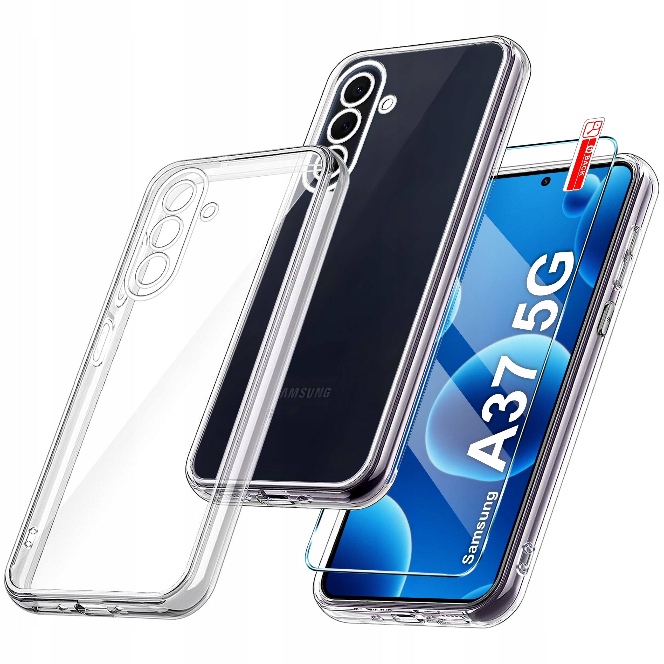 Obraz przedstawia przezroczyste etui na telefon Samsung A57 5G oraz szkło ochronne 9H. Na ekranie telefonu widoczny jest napis \'A57 5G\'.