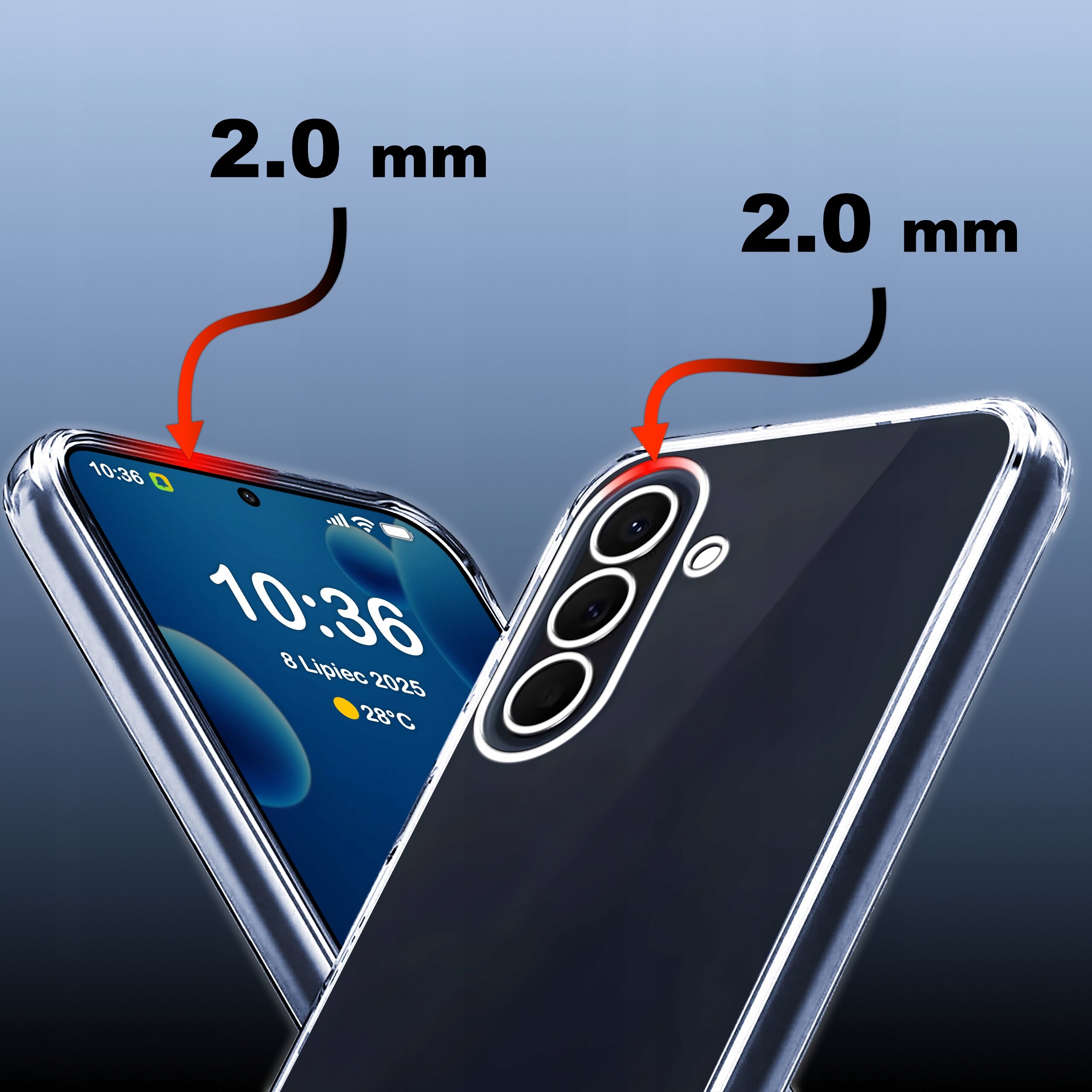Obraz przedstawia przezroczyste etui na telefon z oznaczeniem grubości 2.0 mm. Na ekranie telefonu widoczna jest godzina 10:36 oraz data 8 Lipiec 2025 z temperaturą 28°C.